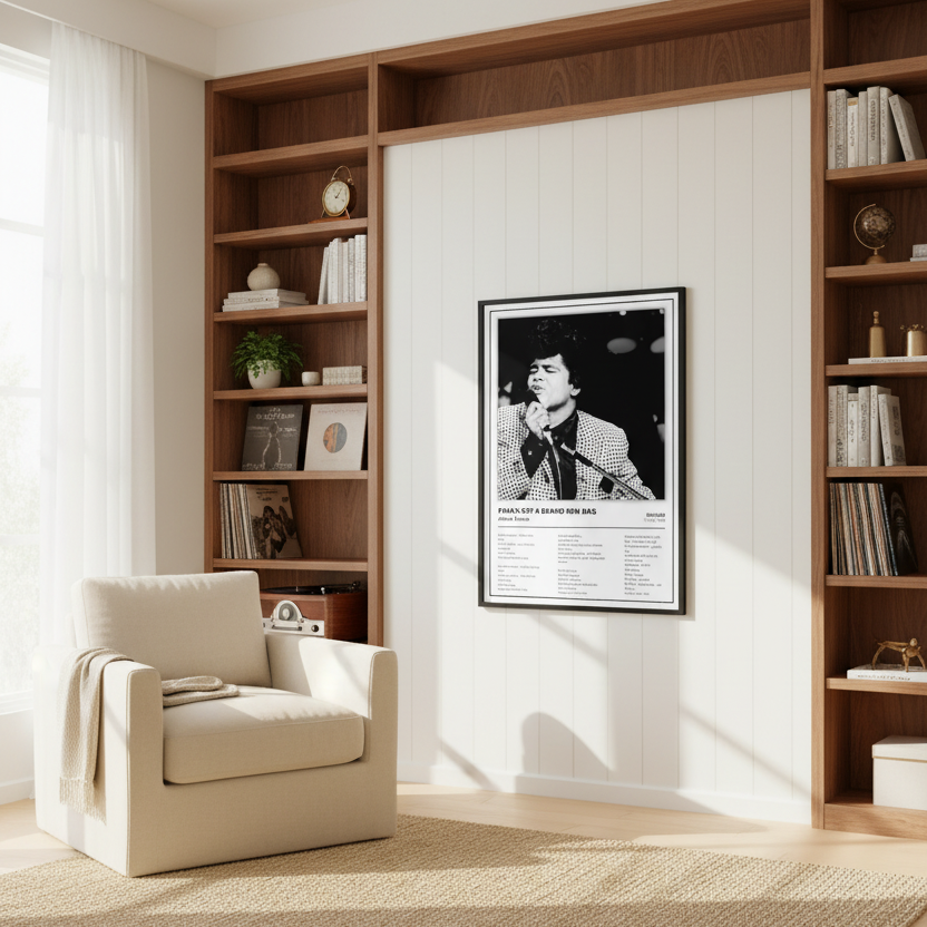A framed black-and-white music poster of James Brown leaning against a white paneled wall on a light wood floor. The poster features a portrait of James Brown singing into a microphone, with the text 'PAPA'S GOT A BRAND NEW BAG' and a tracklist below.