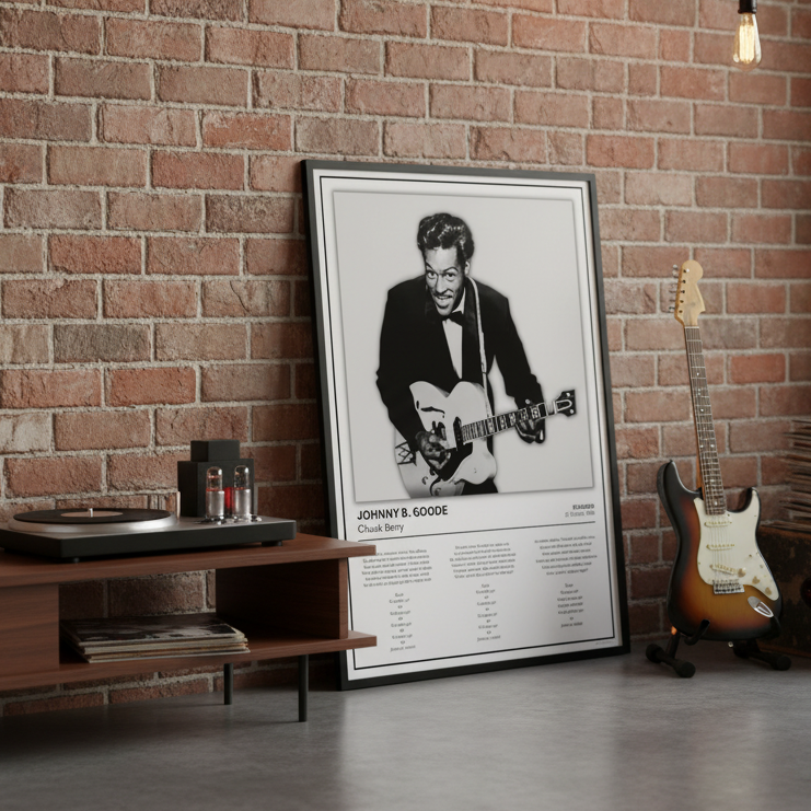 A framed black-and-white Johnnie Walker poster leaning against a brick wall in a styled room with an electric guitar, record player, and stacked records.