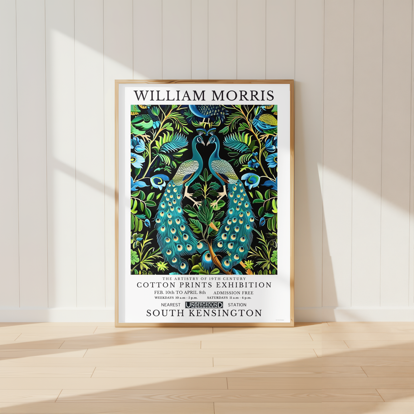 William Morris inspired peacock print featuring botanical foliage and vibrant blue feathers.