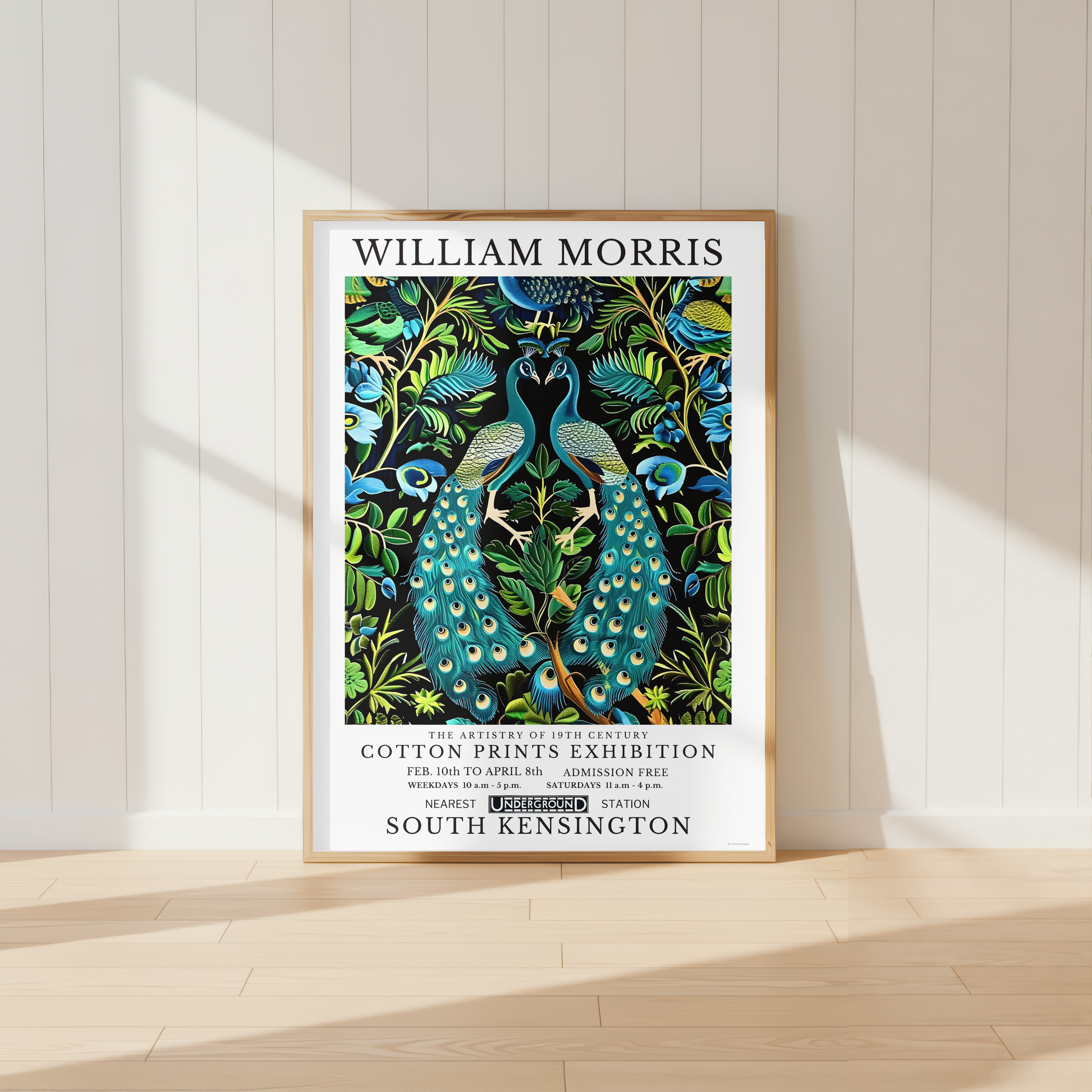 William Morris inspired peacock print featuring botanical foliage and vibrant blue feathers.