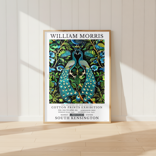William Morris inspired peacock print featuring botanical foliage and vibrant blue feathers.