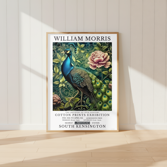 William Morris peacock print featuring detailed botanical foliage and vintage floral artwork in a light oak frame.