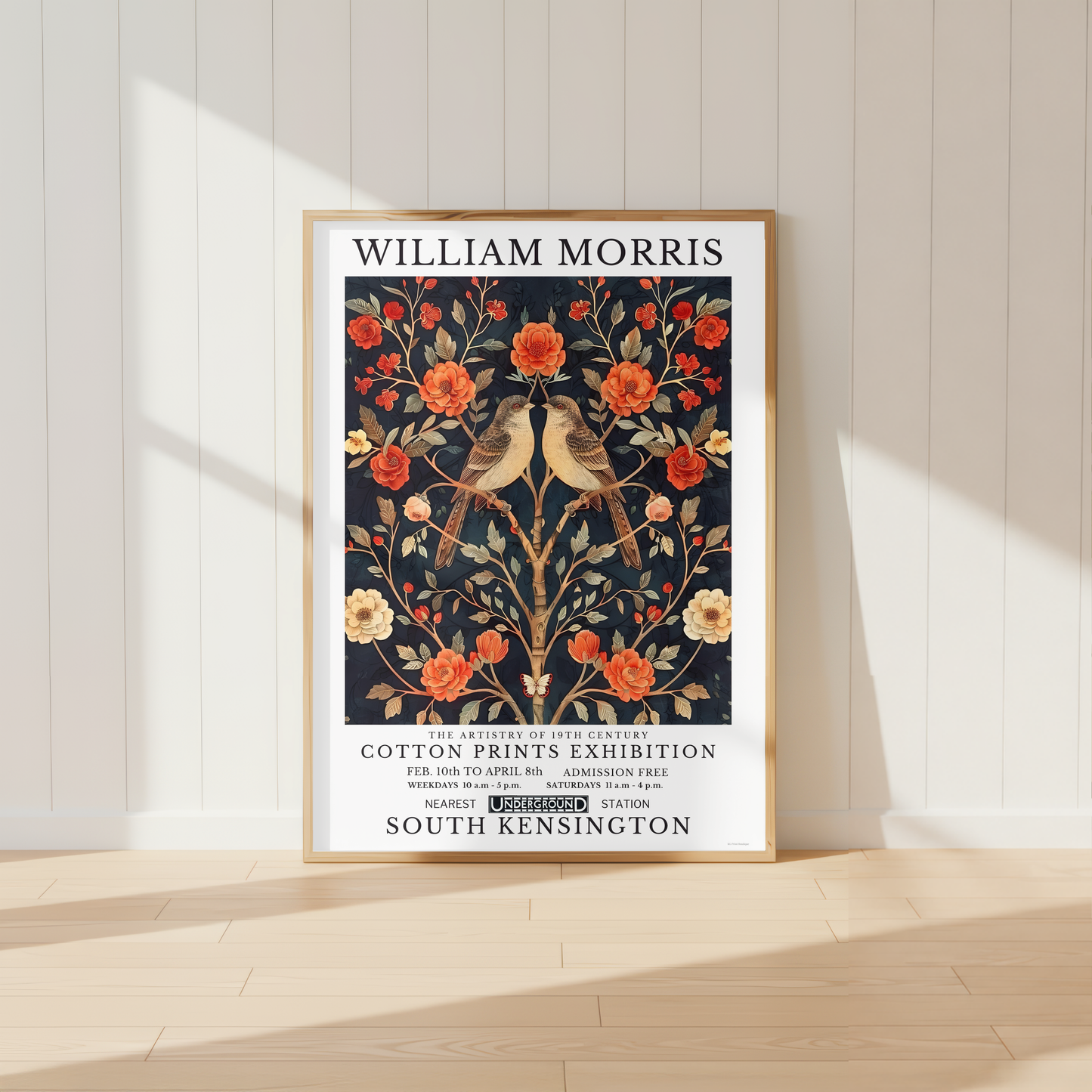 William Morris inspired songbird wall art featuring two birds amongst coral flowers and botanical foliage.
