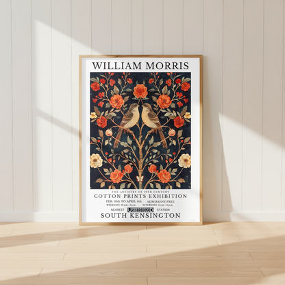 William Morris inspired songbird wall art featuring two birds amongst coral flowers and botanical foliage.