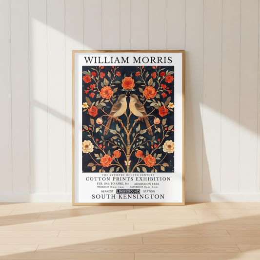 William Morris inspired songbird wall art featuring two birds amongst coral flowers and botanical foliage.