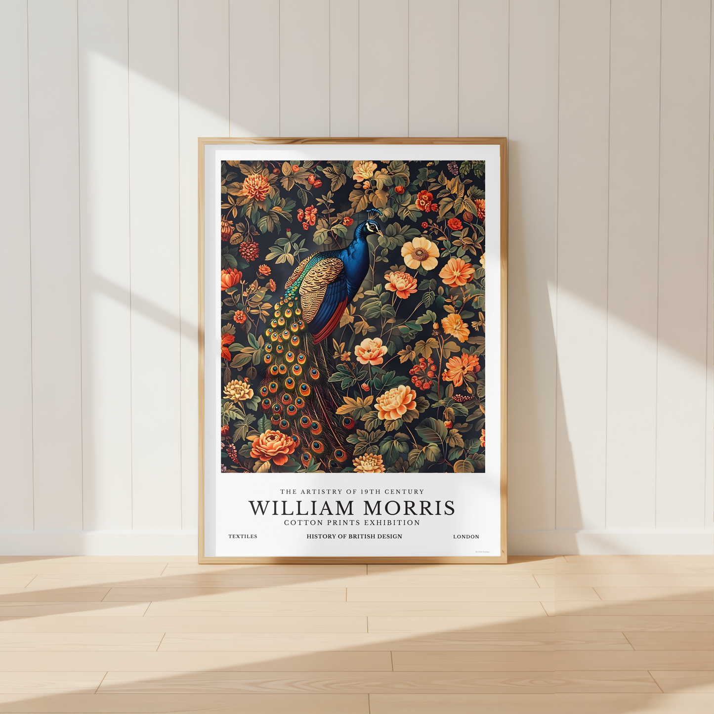 William Morris inspired peacock wall art with royal blue feathers and floral background
