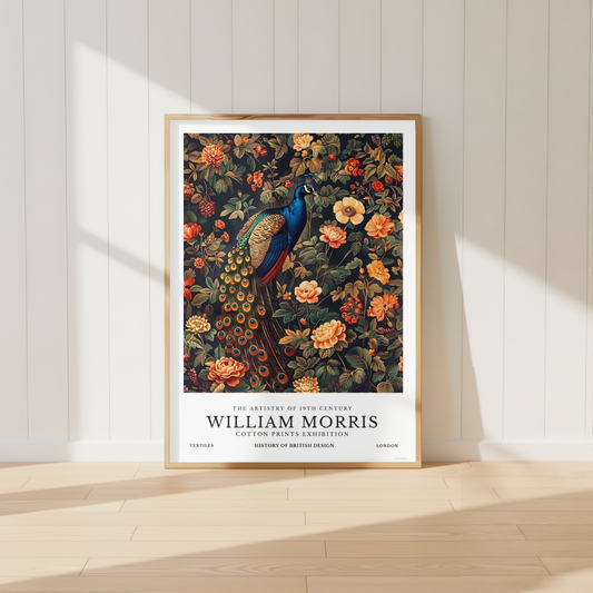 William Morris inspired peacock wall art with royal blue feathers and floral background
