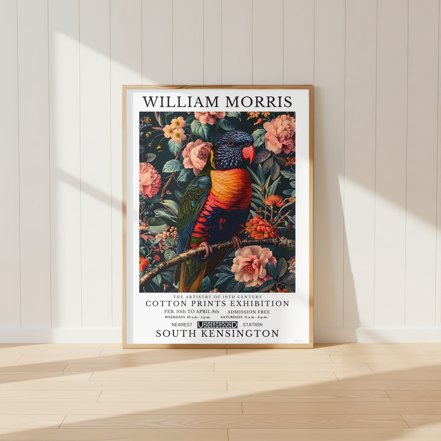William Morris inspired Rainbow Lorikeet wall art surrounded by blush pink flowers and botanical foliage.