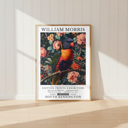 William Morris inspired Rainbow Lorikeet wall art surrounded by blush pink flowers and botanical foliage.