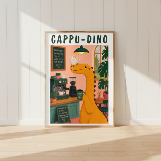 Cappu-Dino dinosaur coffee print in light oak frame above home coffee station