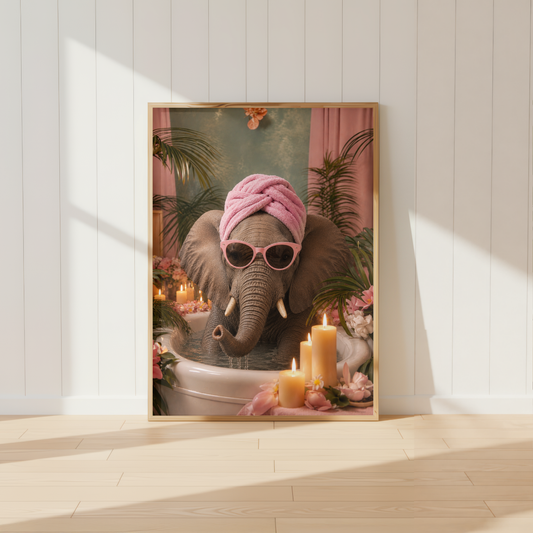 Pink Elephant Spa Bathroom Wall Art Print | Funny Luxe Animal Poster