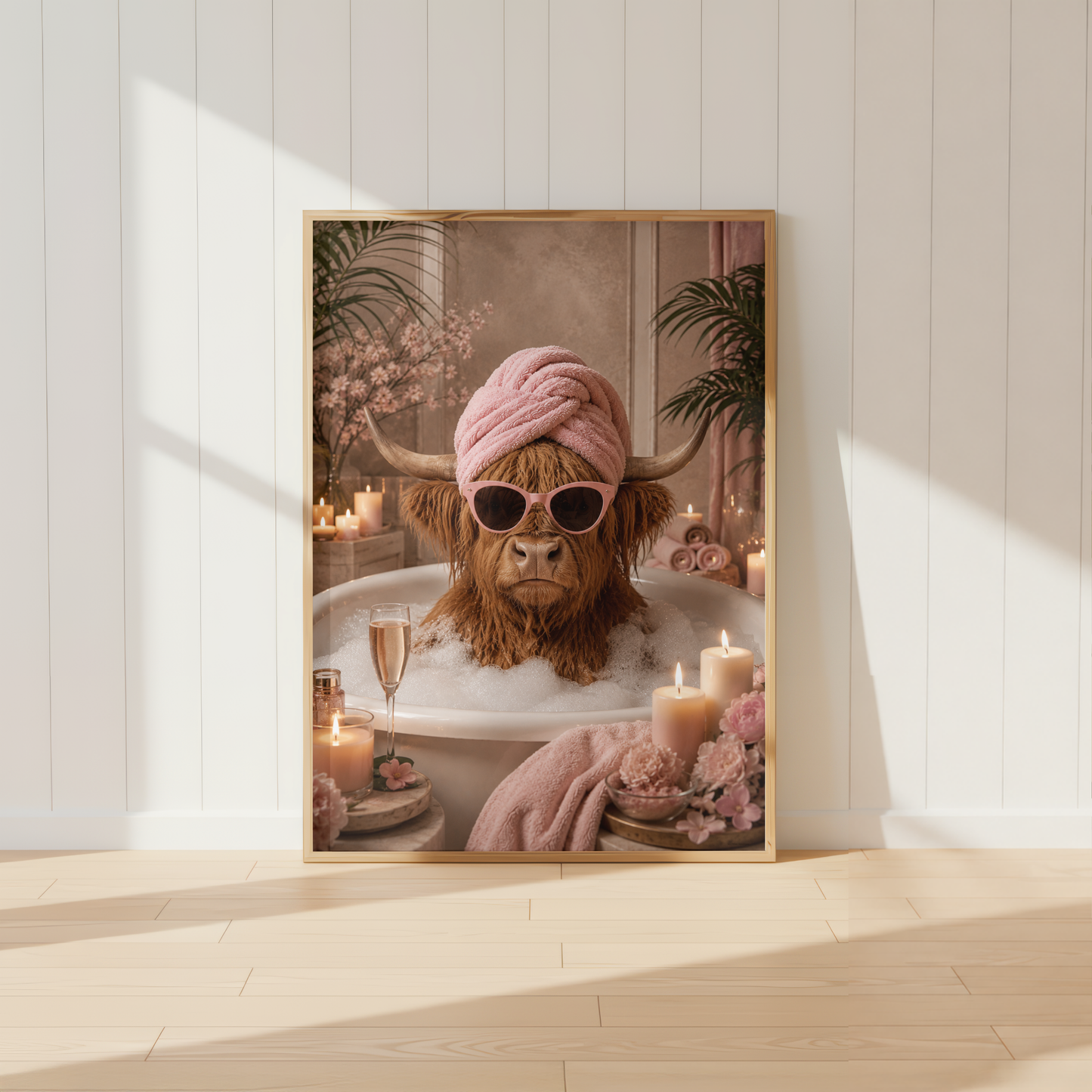 Highland Cow Bathroom Wall Art Print | Pink Spa Animal Poster