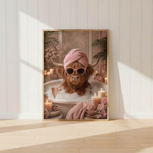 Highland Cow Bathroom Wall Art Print | Pink Spa Animal Poster