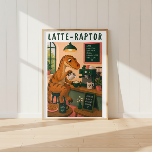 Latte-Raptor dinosaur coffee print displayed above a stylish kitchen coffee station