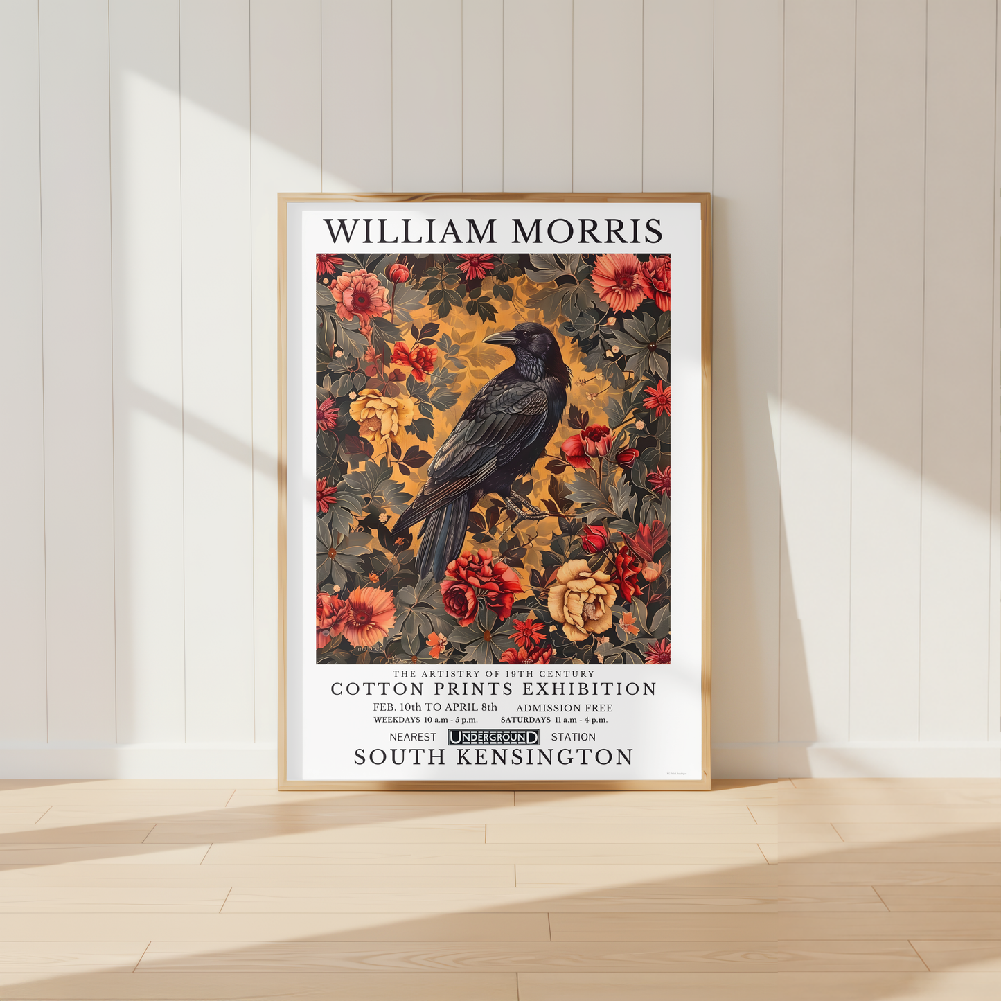 William Morris inspired raven wall art surrounded by red and golden botanical flowers
