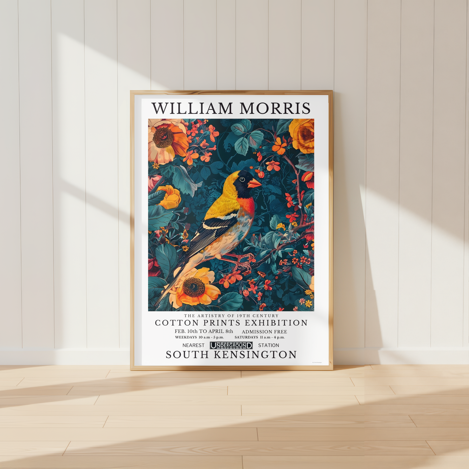 William Morris Goldfinch print featuring a European Goldfinch surrounded by intricate botanical flowers and foliage.