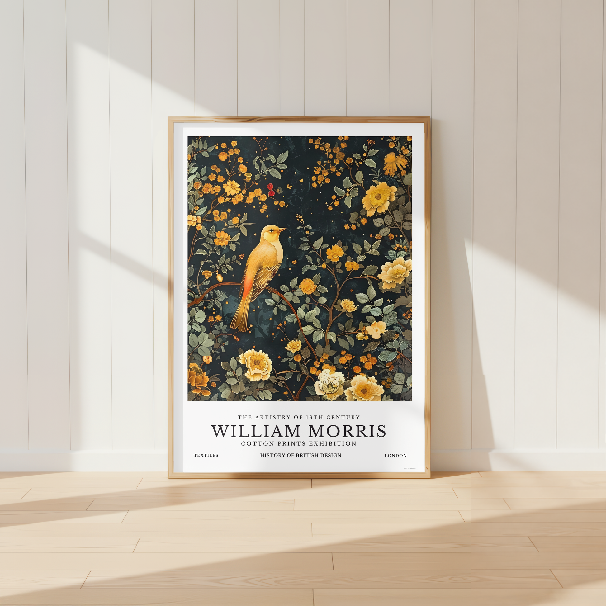Botanical bird wall art featuring golden flowers and delicate foliage styled in a cosy cottagecore home interior.