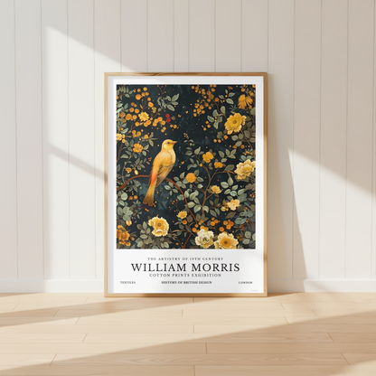 Botanical bird wall art featuring golden flowers and delicate foliage styled in a cosy cottagecore home interior.