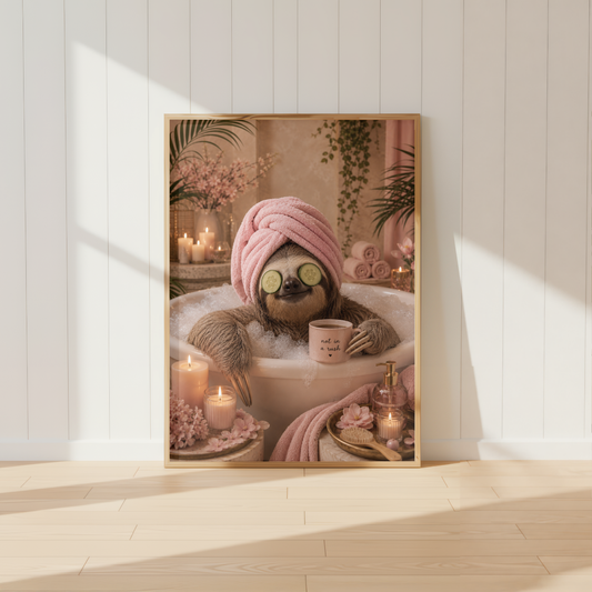 Funny Sloth Bathroom Wall Art Print | Pink Spa Animal Poster