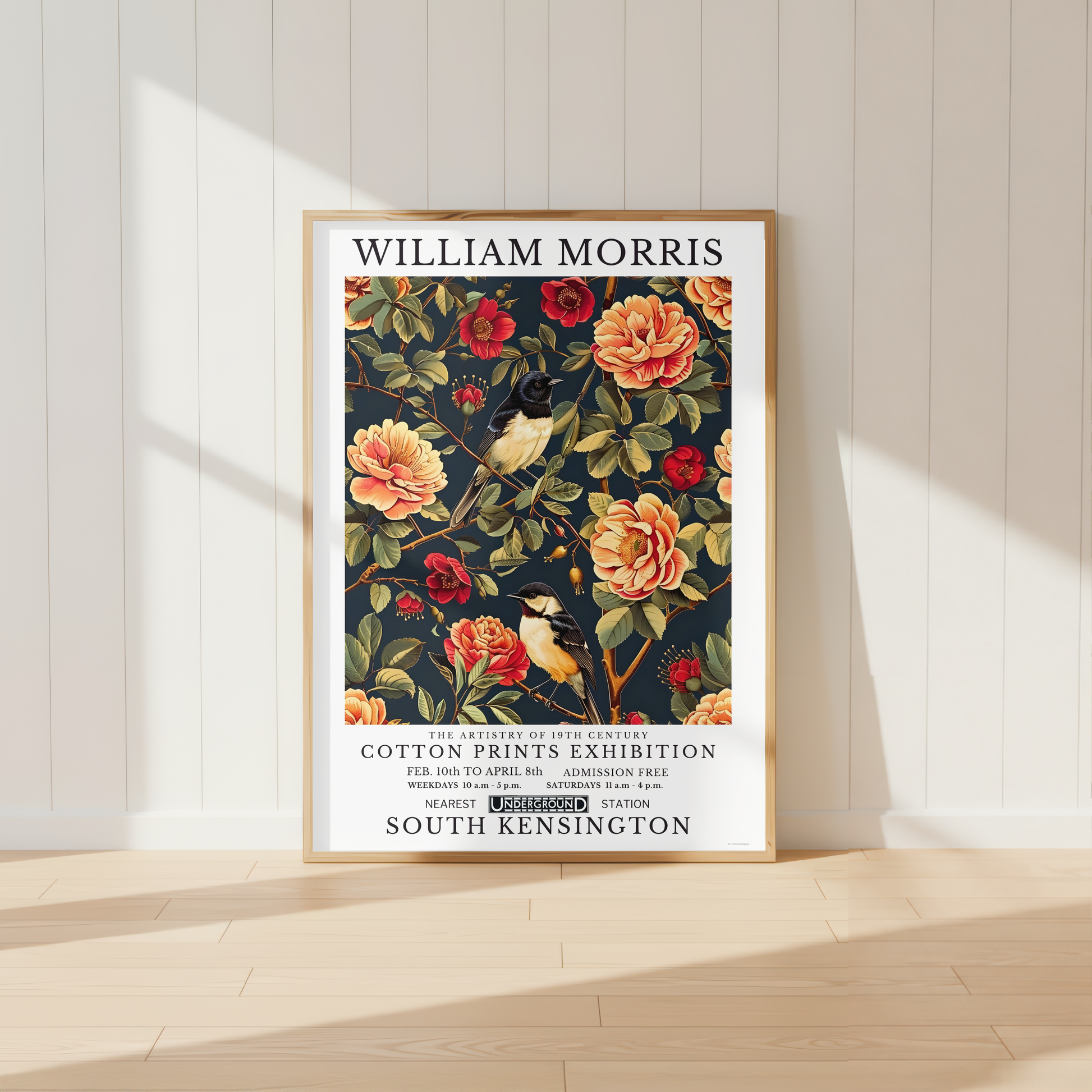 William Morris inspired chickadee bird print with peach roses and botanical foliage.