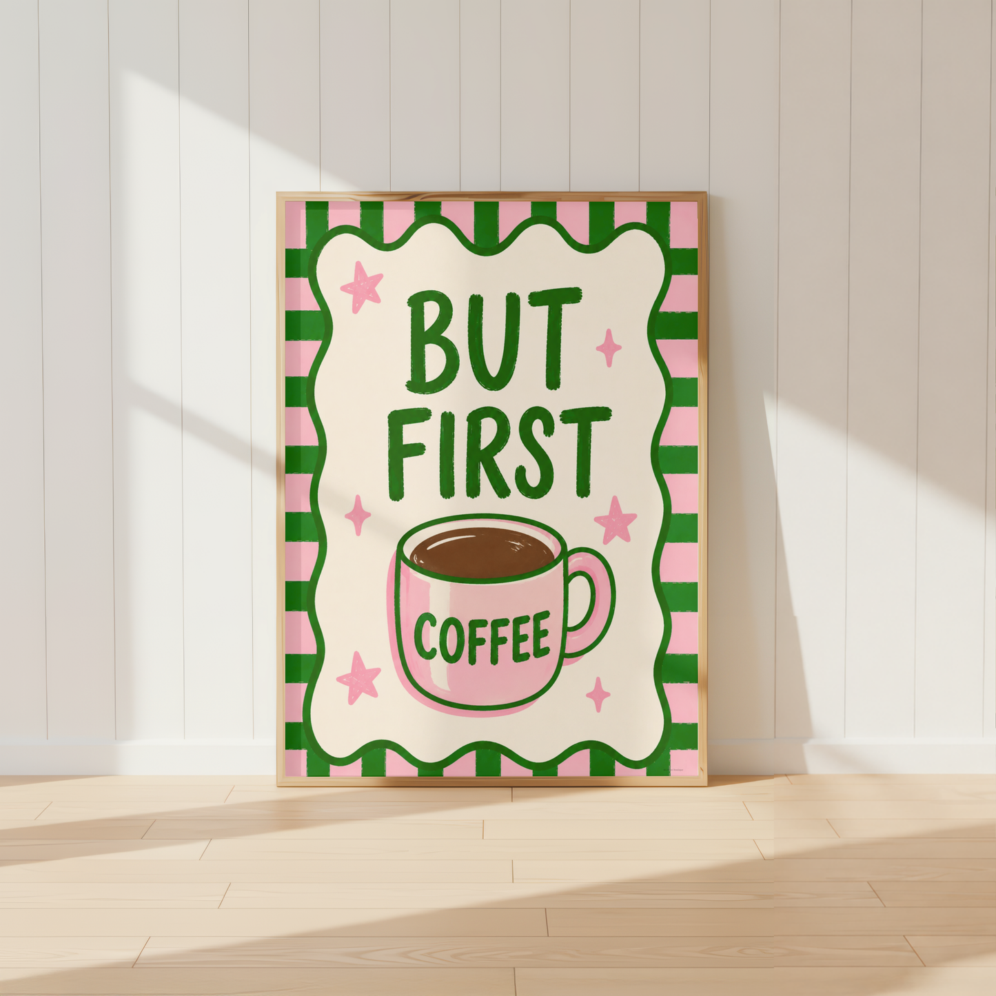But First Coffee kitchen wall art print featuring pink coffee cup illustration