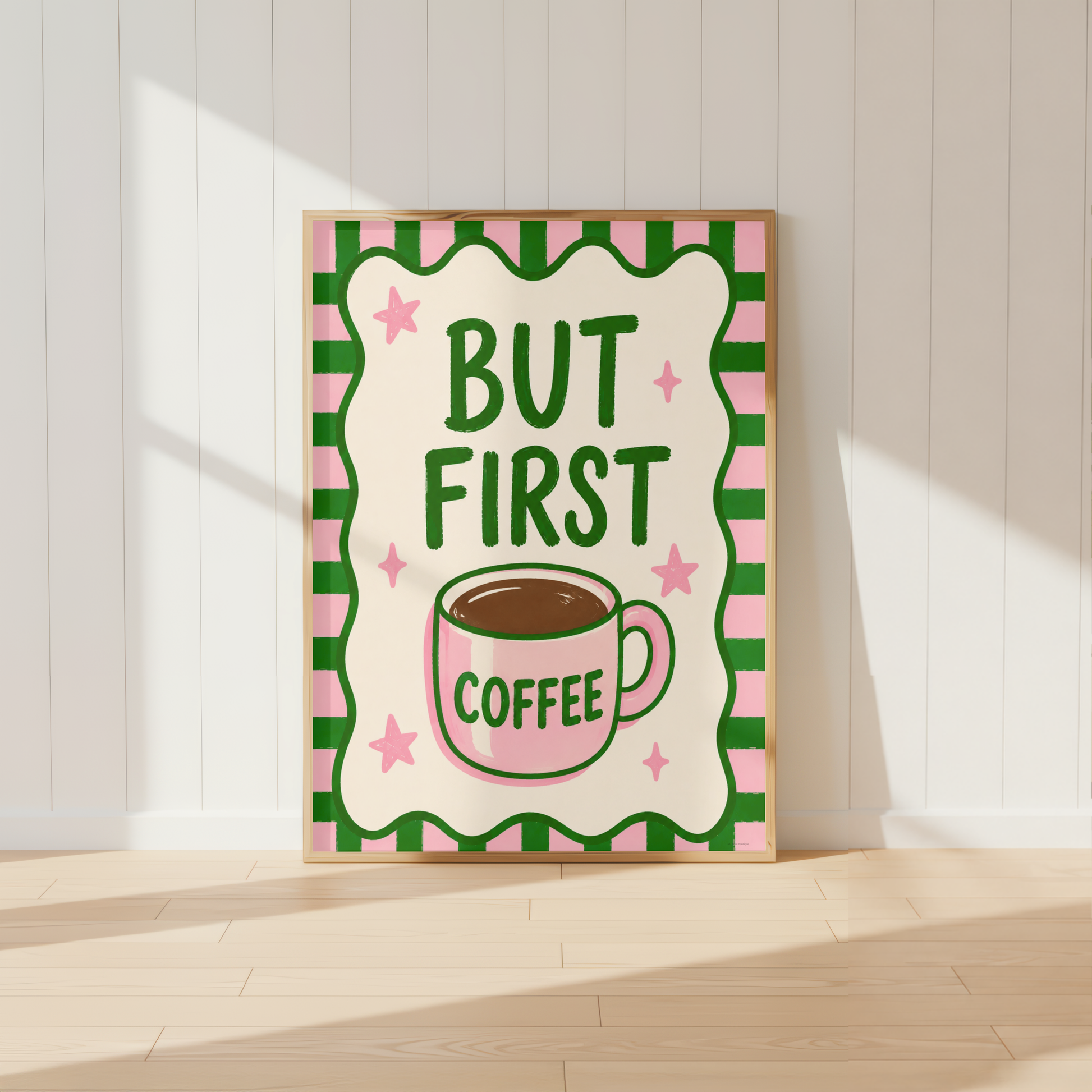 But First Coffee kitchen wall art print featuring pink coffee cup illustration