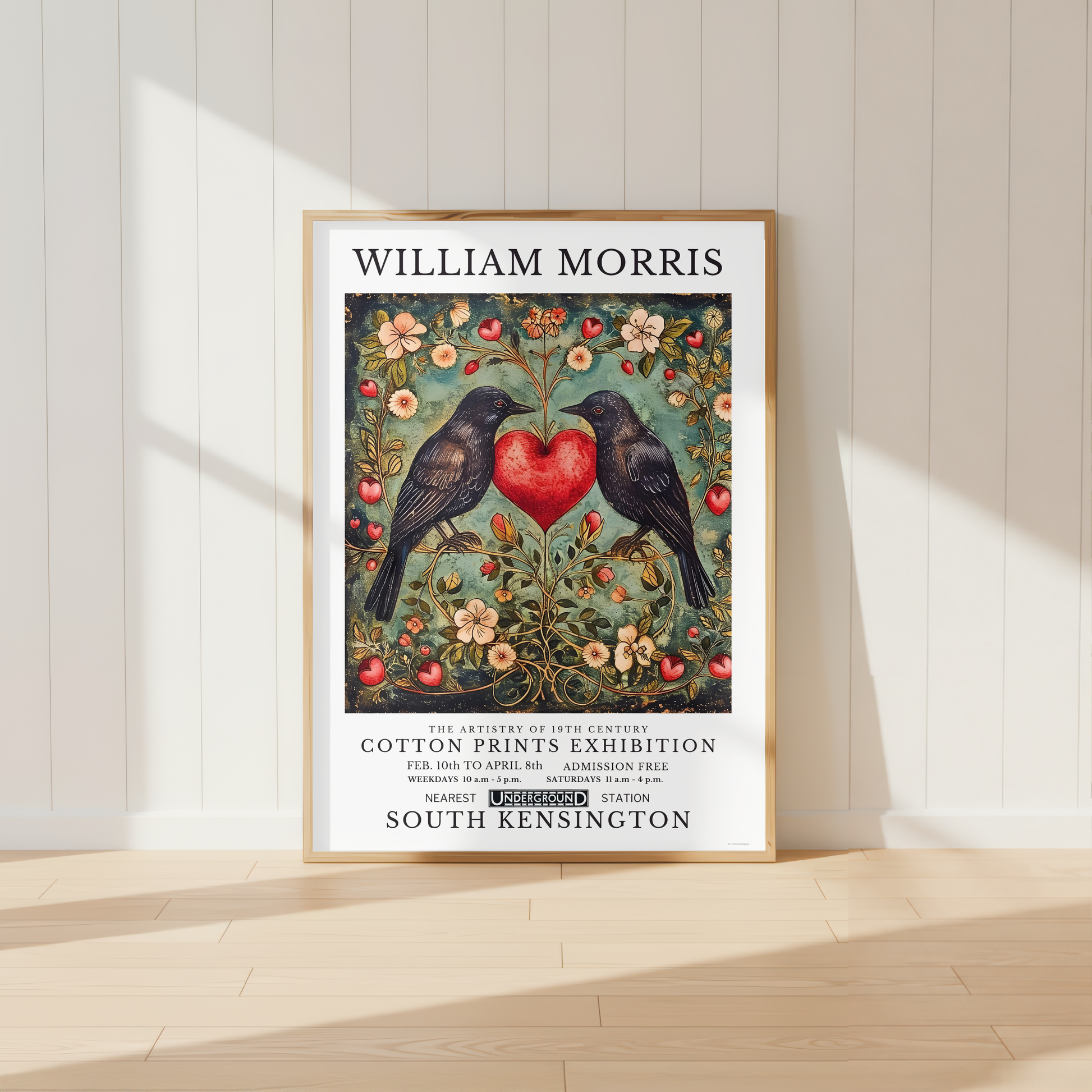 William Morris inspired love birds print featuring floral botanical artwork and heart motif