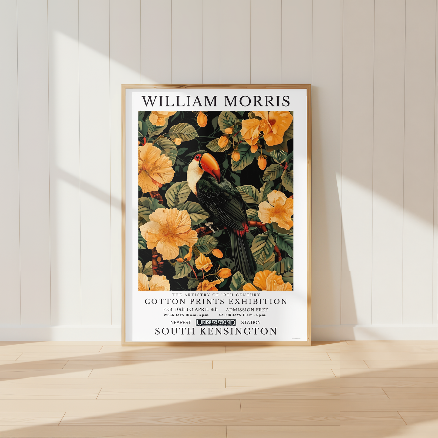 William Morris inspired toucan wall art surrounded by tropical flowers and botanical foliage