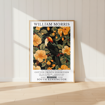 William Morris inspired toucan wall art surrounded by tropical flowers and botanical foliage