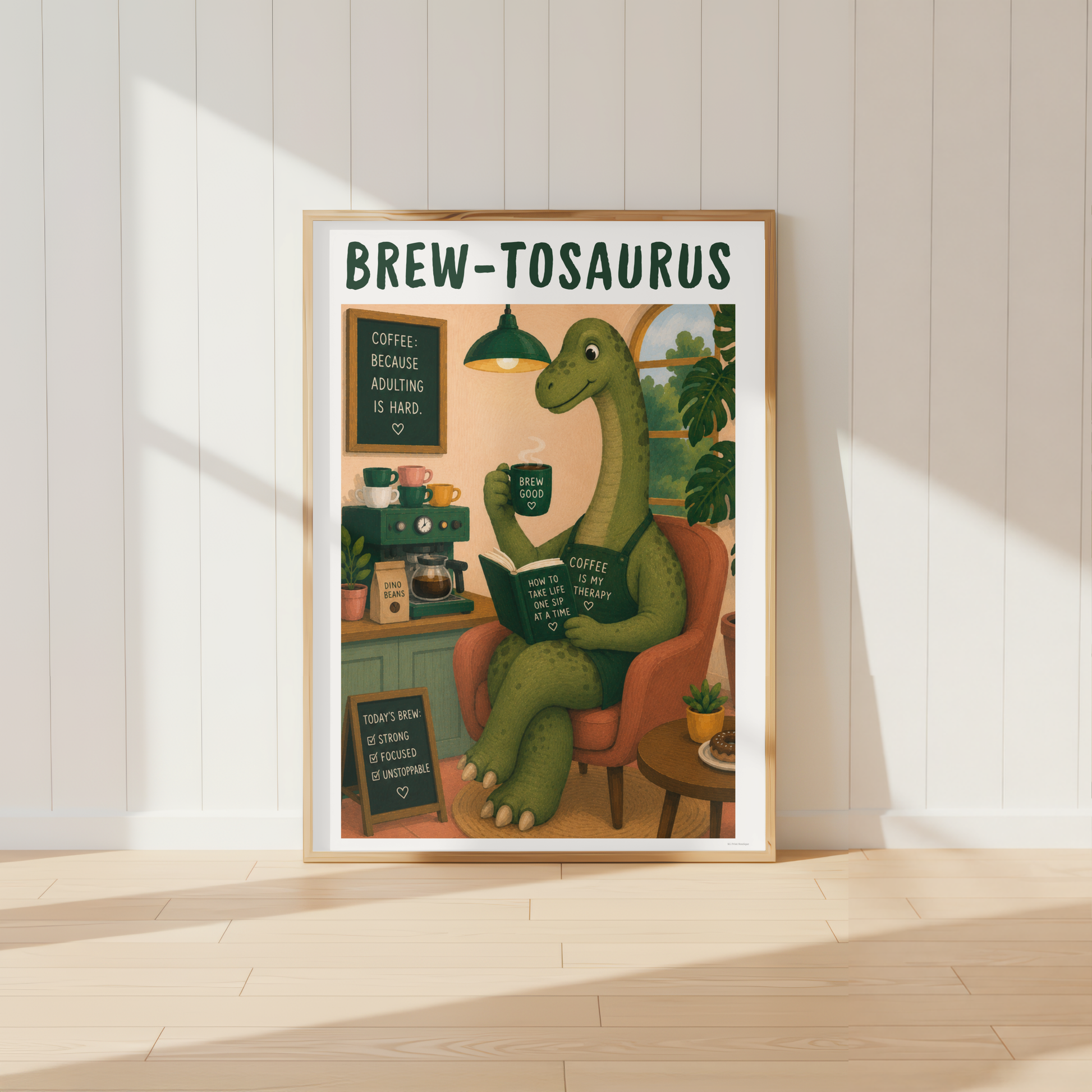 Brew-Tosaurus coffee dinosaur print displayed above a kitchen coffee station
