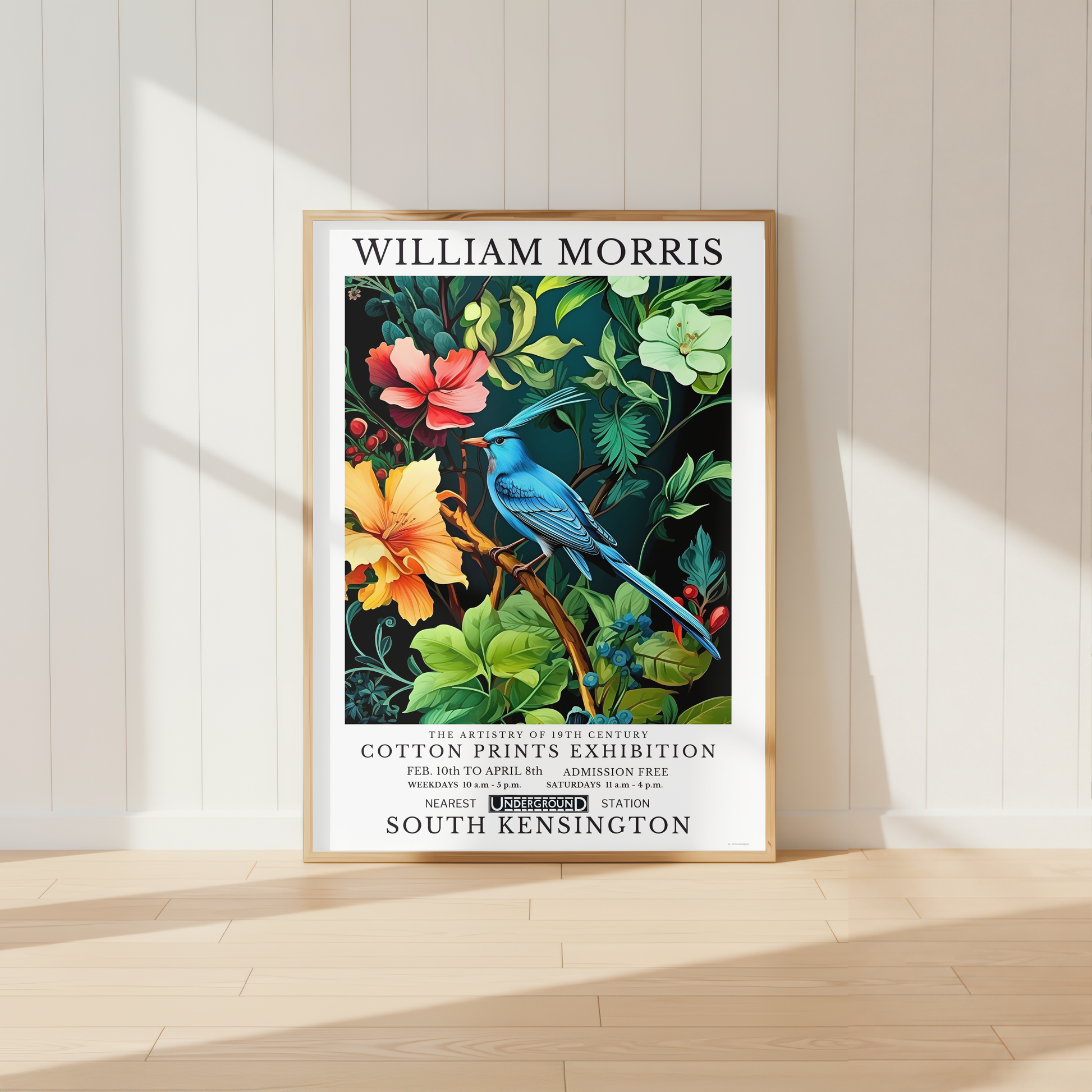 William Morris inspired blue bird wall art surrounded by lush botanical flowers and foliage