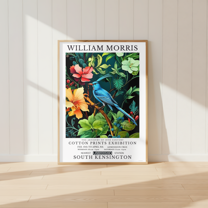 William Morris inspired blue bird wall art surrounded by lush botanical flowers and foliage