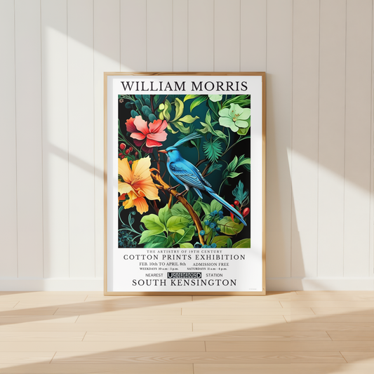William Morris inspired blue bird wall art surrounded by lush botanical flowers and foliage