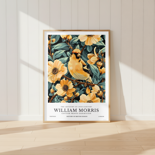William Morris inspired Goldfinch print displayed above a wooden sideboard in a neutral living room with botanical decor and warm natural tones.