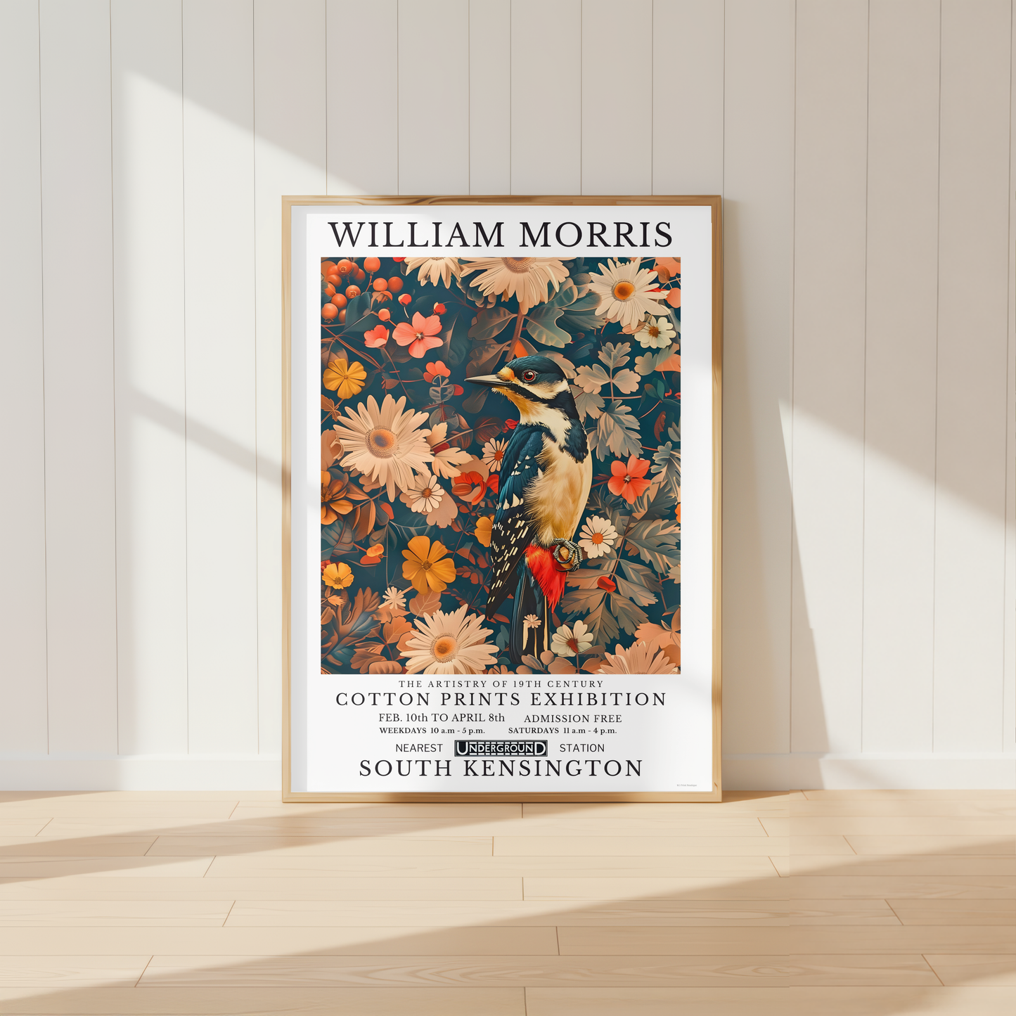 William Morris inspired woodpecker wall art surrounded by flowers and botanical foliage