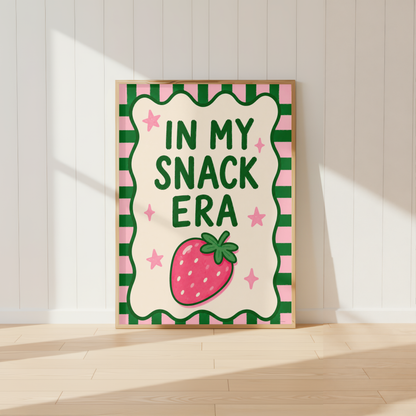 In My Snack Era kitchen wall art print featuring pink strawberry illustration