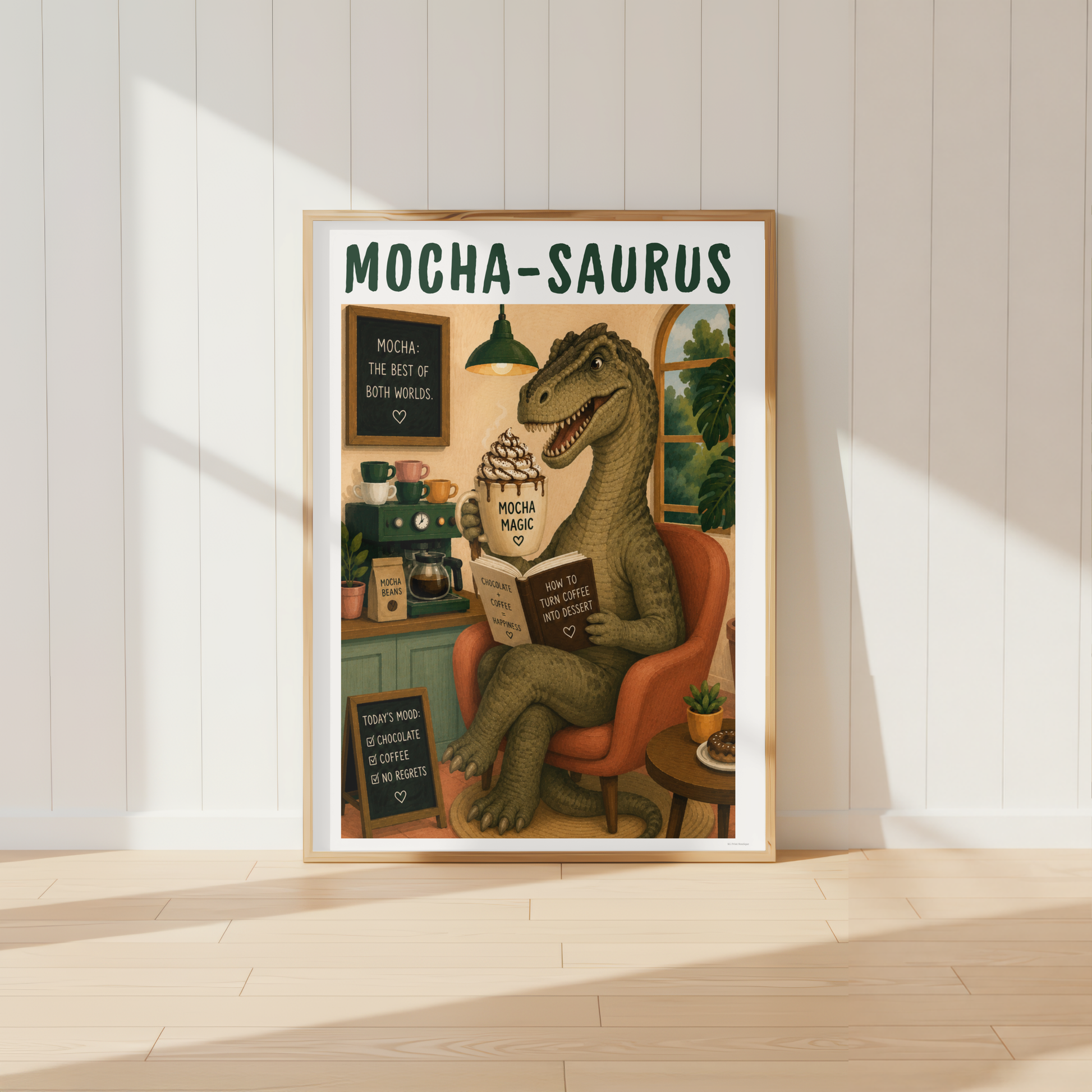 Mocha-Saurus coffee dinosaur print displayed above a stylish kitchen coffee station