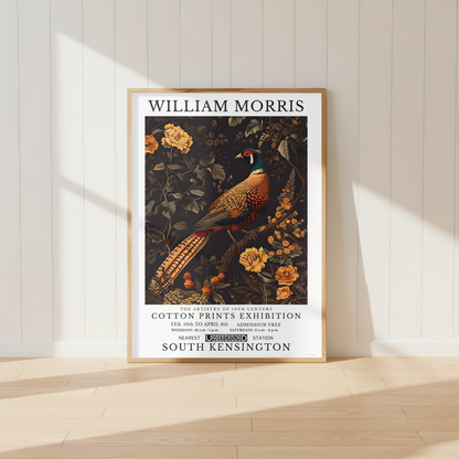 William Morris inspired pheasant print featuring botanical flowers and vintage wildlife artwork.
