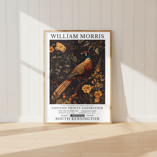William Morris inspired pheasant print featuring botanical flowers and vintage wildlife artwork.