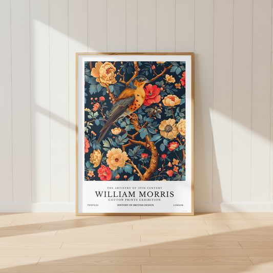 William Morris bird print featuring a colourful songbird perched amongst botanical flowers and foliage.