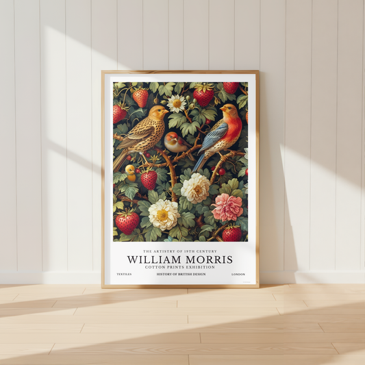 William Morris inspired bird print featuring songbirds, strawberries and botanical flowers displayed in a vintage floral artwork design.