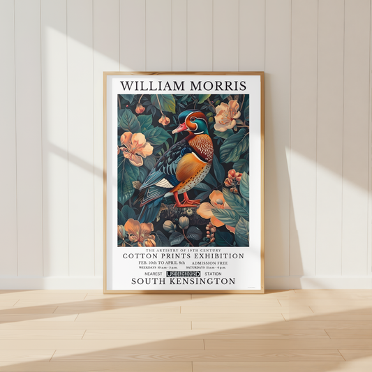 William Morris inspired Mandarin Duck print surrounded by teal foliage and peach flowers.