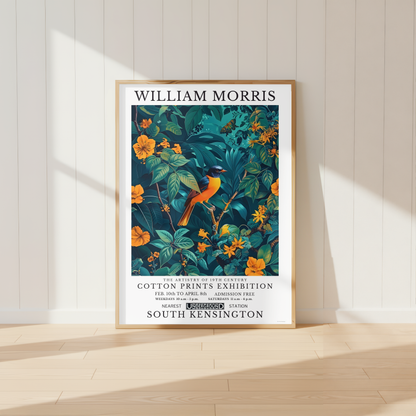 William Morris inspired tropical bird print surrounded by teal botanical foliage and golden flowers