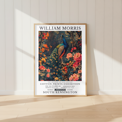 William Morris inspired peacock print surrounded by colourful botanical flowers and foliage