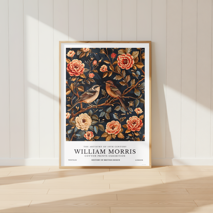 William Morris inspired bird print featuring two songbirds surrounded by botanical flowers and foliage in a vintage floral design.