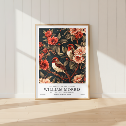 William Morris inspired bird wall art featuring two songbirds amongst coral floral blooms