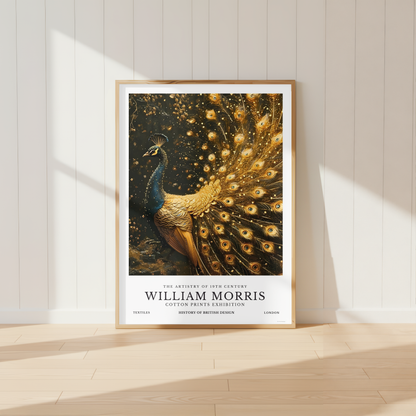 William Morris inspired peacock wall art featuring luxurious gold feather display on dark background