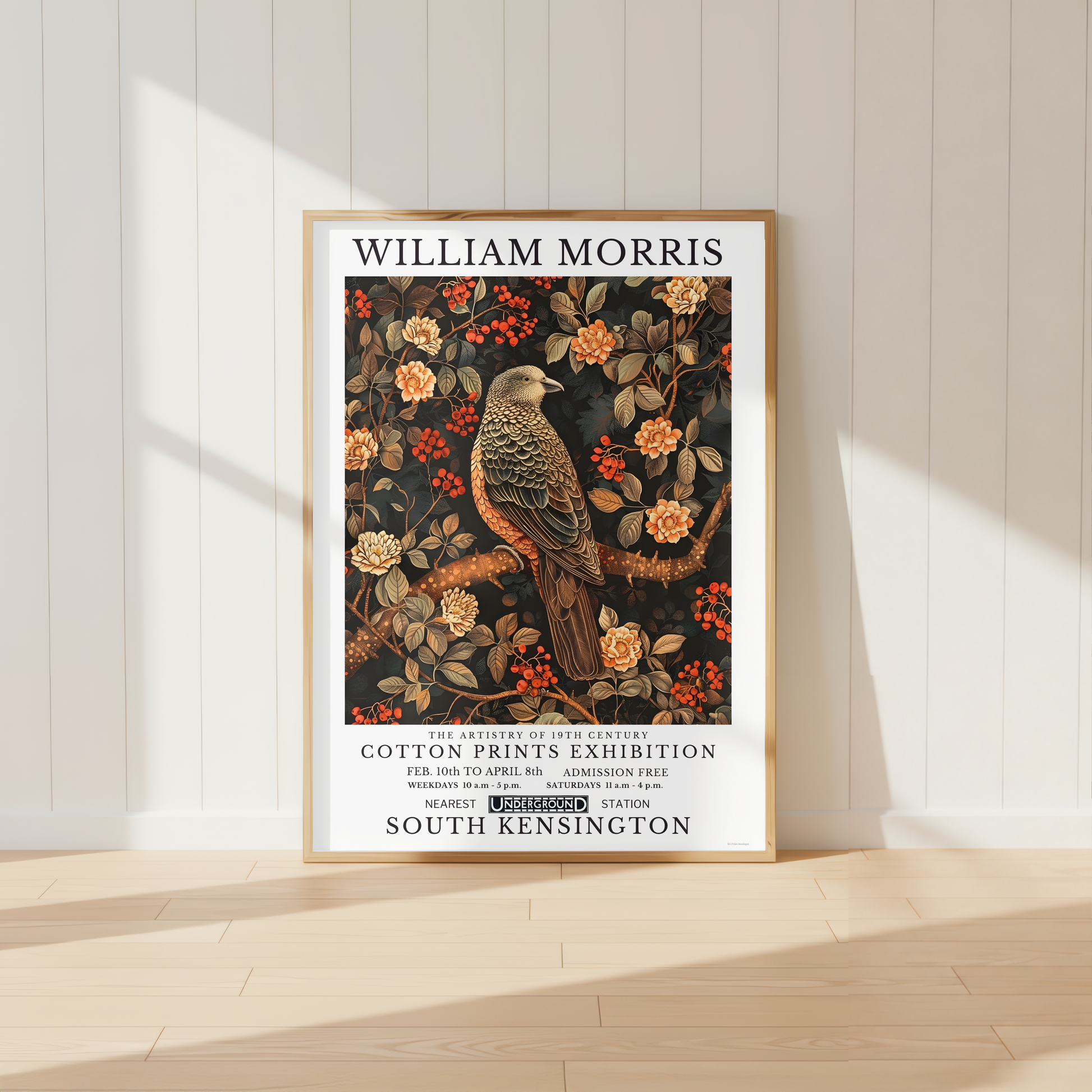 William Morris inspired bird print featuring botanical flowers, berries and vintage wildlife artwork.