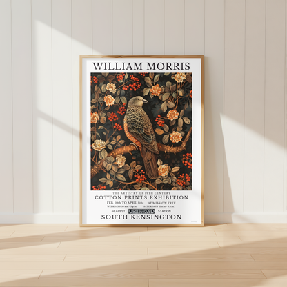 William Morris inspired bird print featuring botanical flowers, berries and vintage wildlife artwork.