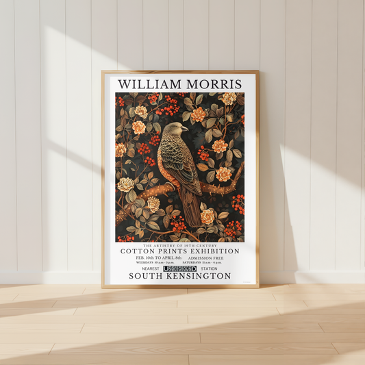 William Morris inspired bird print featuring botanical flowers, berries and vintage wildlife artwork.